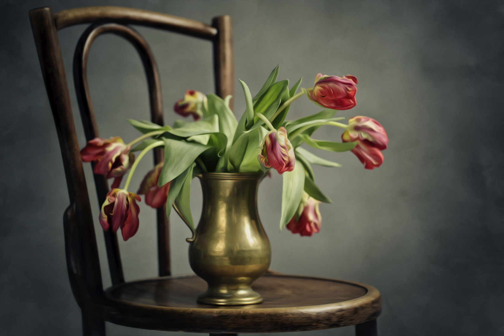 Wilted tulips in a vase