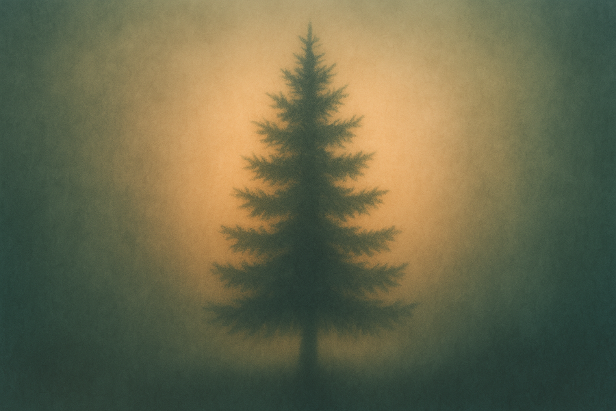 Christmas tree silhouette with warm light behind it signifying hope and memories