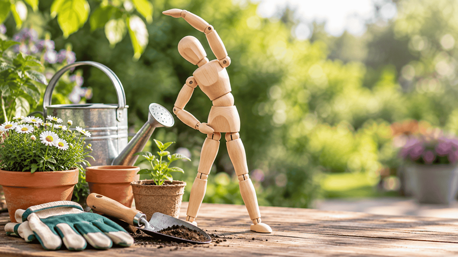 Wooden mannequin stretches beside gardening tools, potted flowers and a watering can on a sunny garden workbench