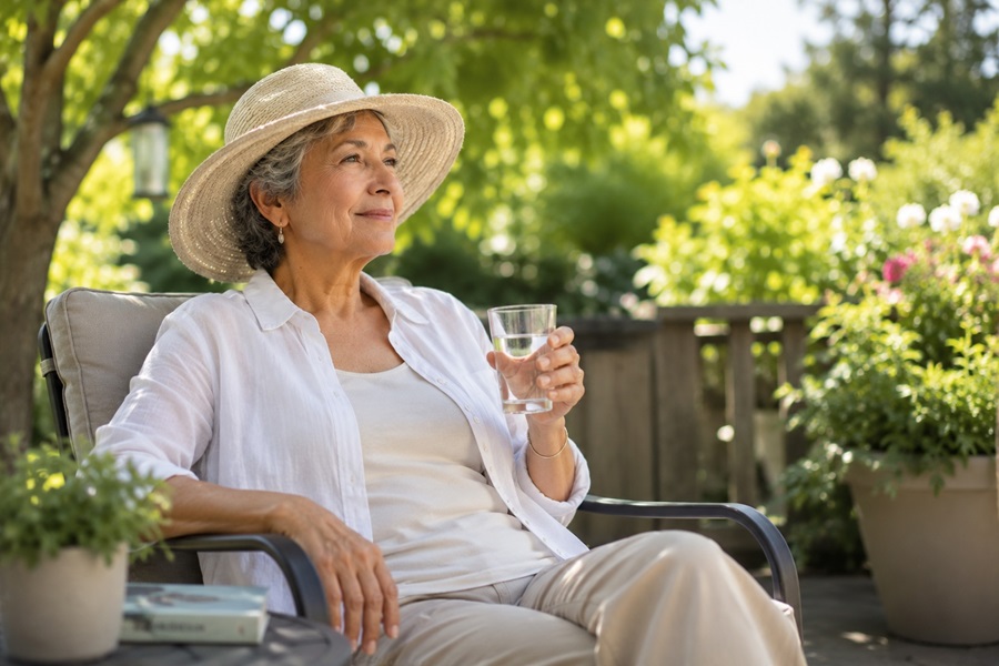 Woman in shade with hat and glass of water
