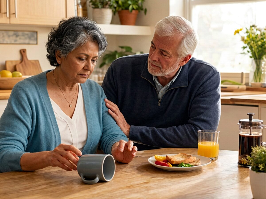 Illustration of woman at breakfast with her partner as a coffee mug tips over.