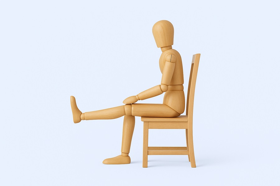 Wooden mannequin doing knee flexion on a chair
