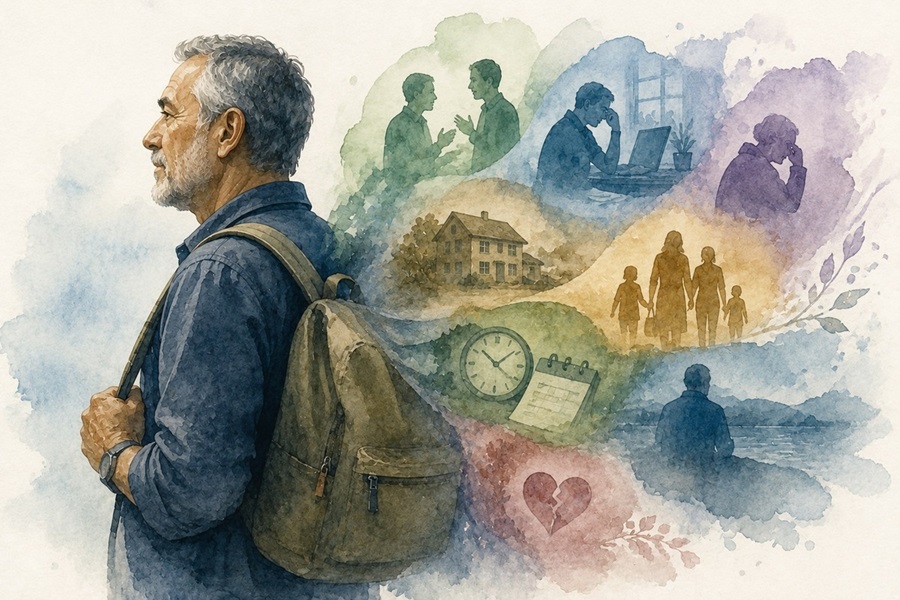 Watercolour illustration of an older man carrying a backpack, surrounded by scenes of work stress, relationship challenges, family responsibilities, grief, time pressures, and solitude, representing men’s mental health.