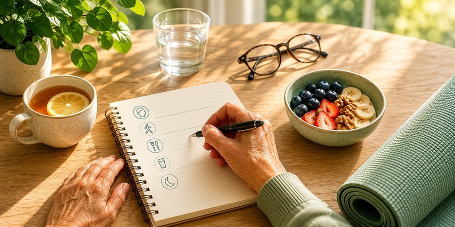 Older adult planning healthy daily habits, with a notebook, water, healthy food, tea, and a yoga mat representing lifestyle strategies for migraine prevention and self-management.
