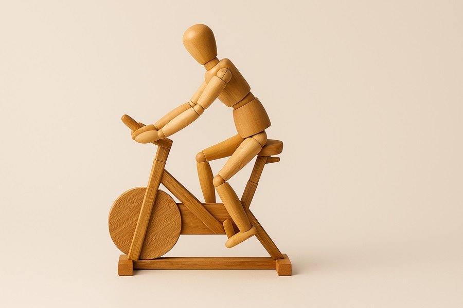 Wooden mannaquin riding a stationary bike