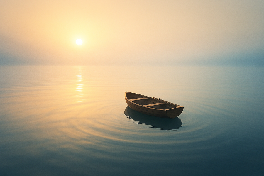 Row boat on a still lake heading towards the light