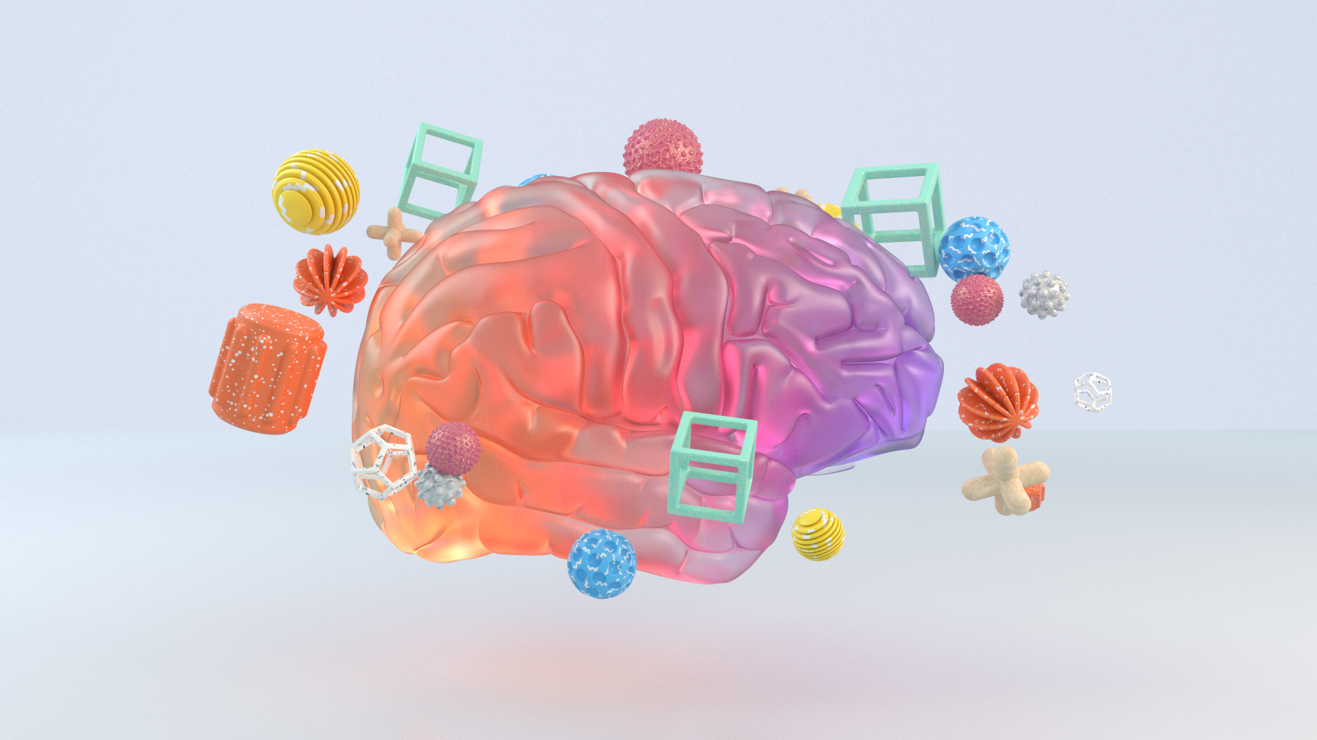3-D colourful brain with objects spinning around it representing sudden confusion