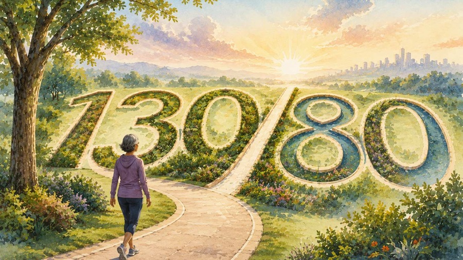 Watercolour illustration of “130/80” formed by a park path and greenery, with an adult walking through a calm landscape
