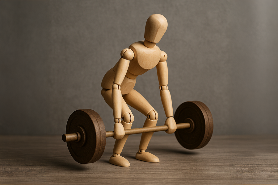 Wooden mannaquin doing a barbell deadlift