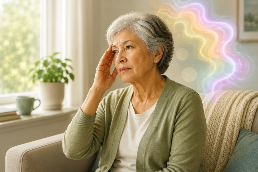 Older adult woman with hand at temple surrounded by an aura symbolizing a migraine
