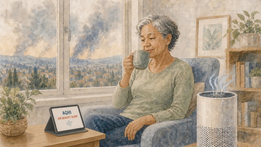 Older woman drinks tea beside an air cleaner while checking an air-quality alert on a tablet, with wildfire smoke visible outside.
