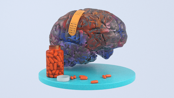 Damaged brain with bandaid and pill bottle