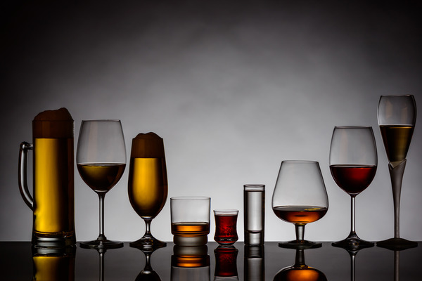 alcoholic beverages in a variety of glasses