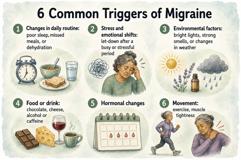 Infographic outlining six common migraine triggers: changes in daily routine, stress and emotional shifts, environmental factors, food or drink, hormonal changes, and movement or muscle tightness.