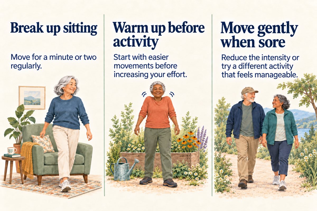Everyday Movement for Aches and Pains Three tips for everyday aches and pains: break up sitting with regular movement breaks, warm up with easier movements before activity, and move gently when sore by reducing intensity or choosing a manageable activity.