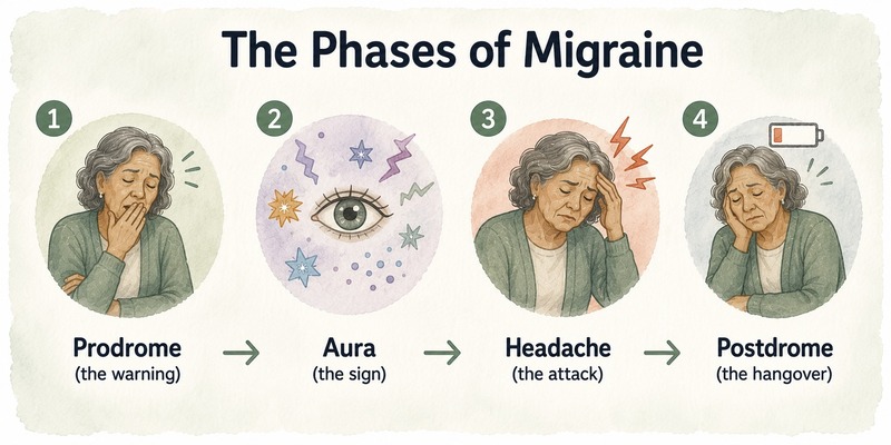 Watercolor-style infographic showing the four phases of migraine: prodrome, aura, headache, and postdrome, illustrated with friendly icons and brief labels connected in sequence with arrows.
