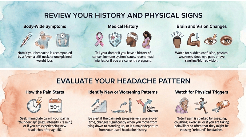 Infographic outlining warning signs that may require urgent medical care for headaches, including body-wide symptoms, neurological or vision changes, sudden severe headache, new headaches after age 50, worsening patterns, and physical triggers.