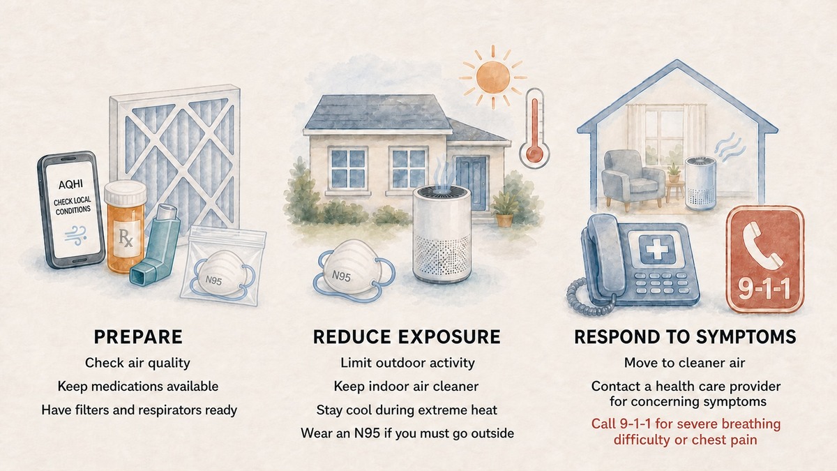 Three-stage wildfire smoke action plan: prepare, reduce exposure, and respond to symptoms. A complete text version follows.
